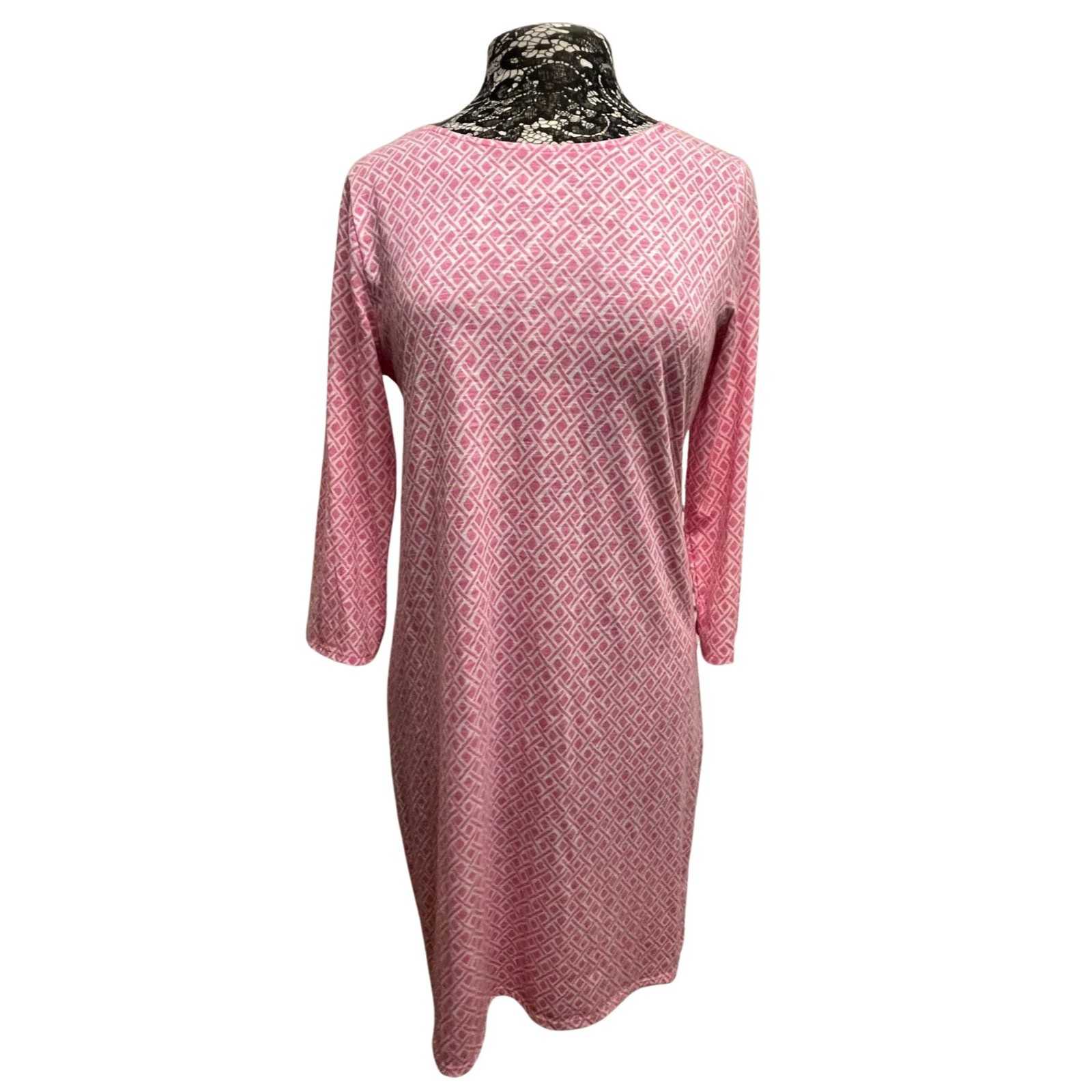 Caribbean Joe Dress Shift Pink White Geometric Long Sleeve Lightweight Travel M